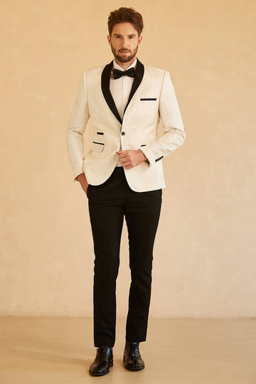 White Shawl Lapel Jacquard One Button Men's Ball Blazer